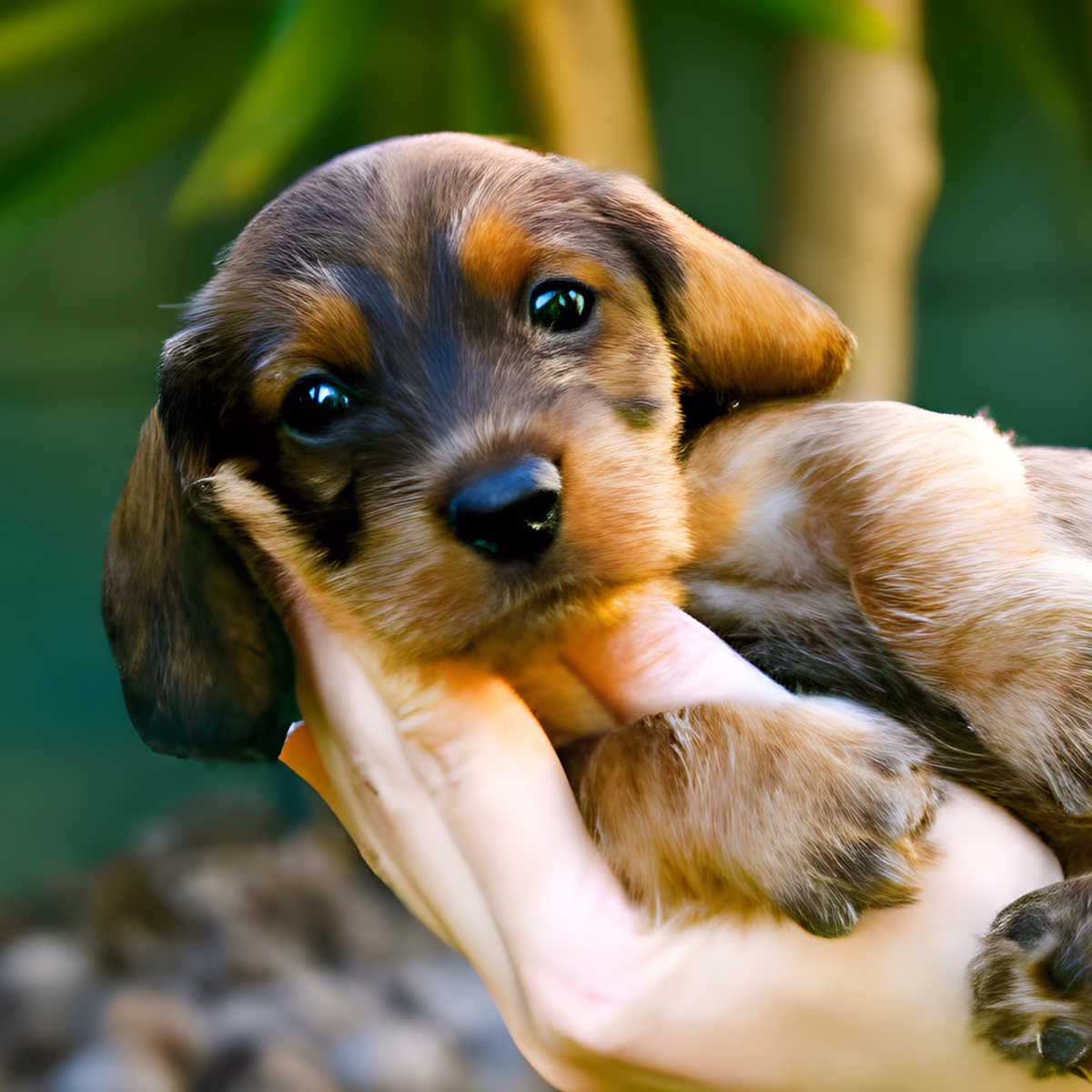 Close-up of a small brown and black puppy being gently held in a person's hand with green blurred background for Citivet